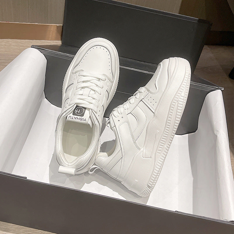 Women's White Spring Korean Style Lace Up Round Toe Thick Women's Sports Shoes