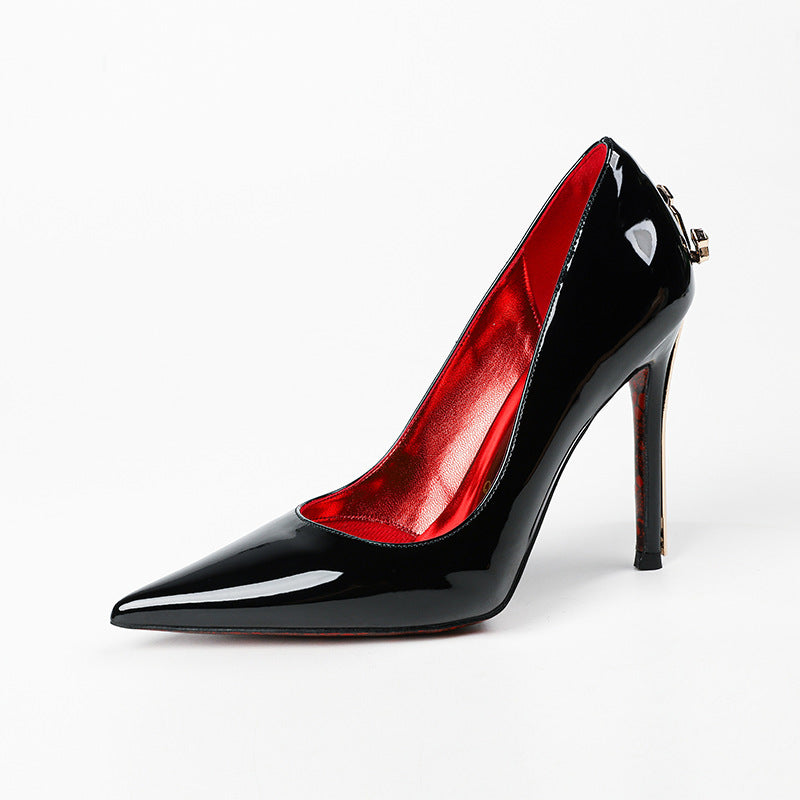 Women's Patent Pointed Stiletto Low-cut Red Bottom Metal Blade Truncheon High Women's Fashion Shoes