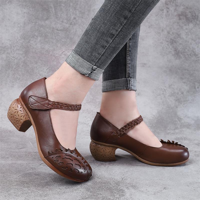 Women's Style Cowhide Shallow Mouth Four Pumps Thick Mid Casual Shoes