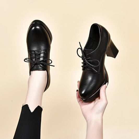 Women's High-cut Pumps Autumn Cowhide Waterproof Platform Chunky Boots