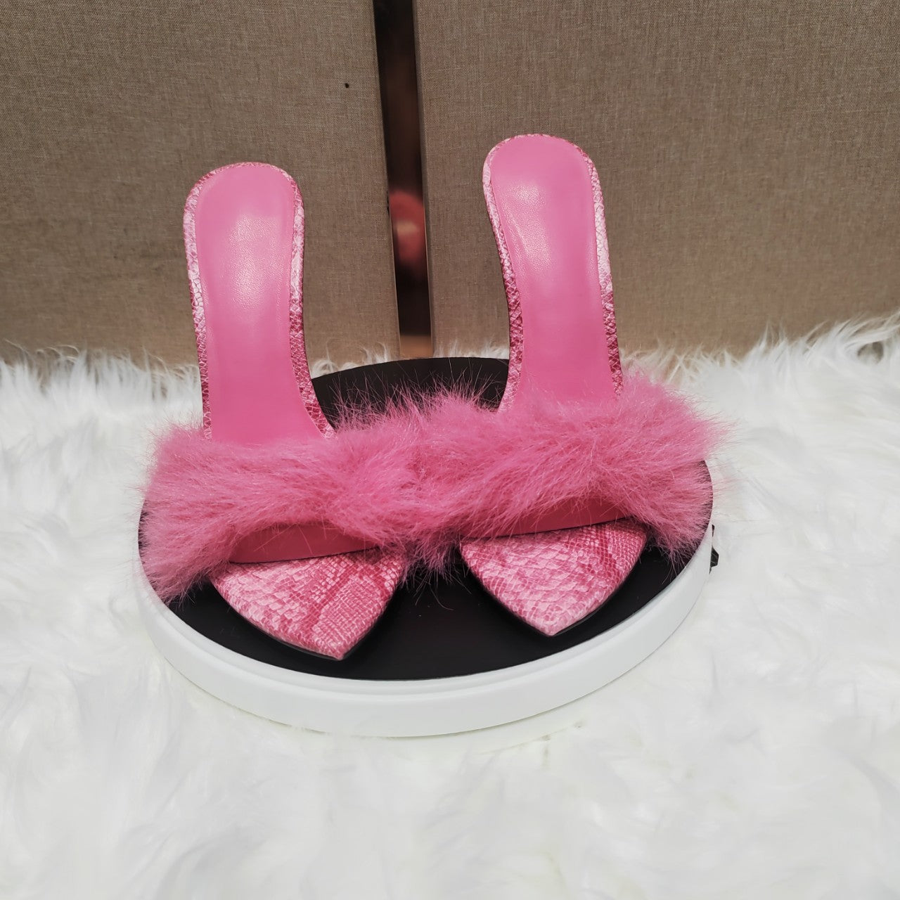 Plaid Feather Mules Roman Pointed Stiletto Heels