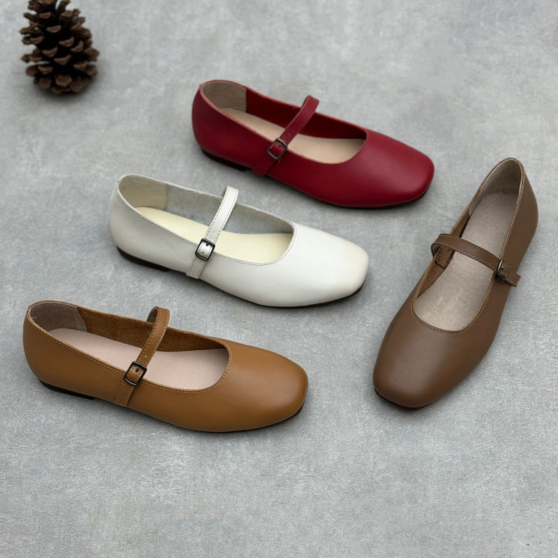 Women's Pumps Artistic Buckle Round Toe Flat Bottom Soft Cowhide Women's Casual Shoes
