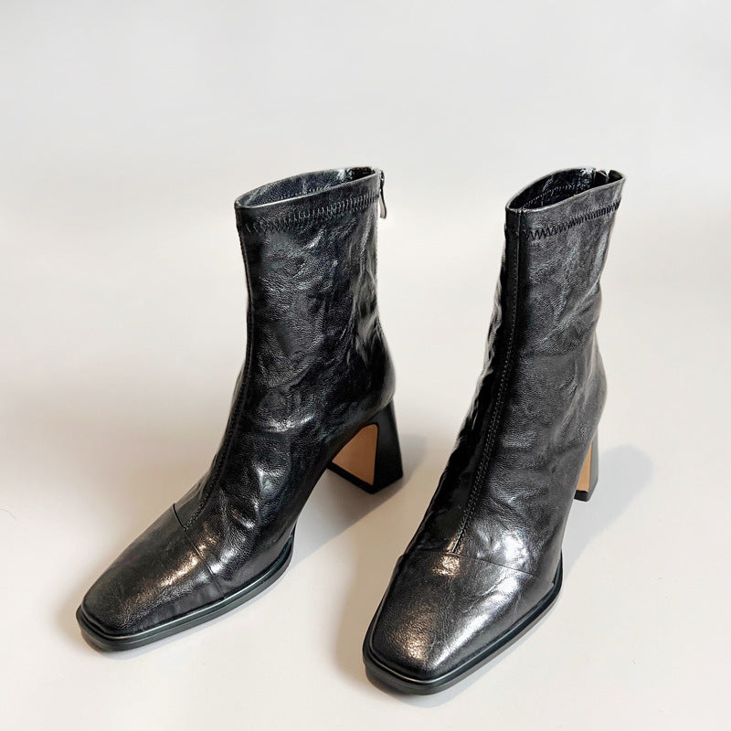 Women's Short With Scratch Pattern Soft Style French Retro Skinny Small Women's Leather Boots