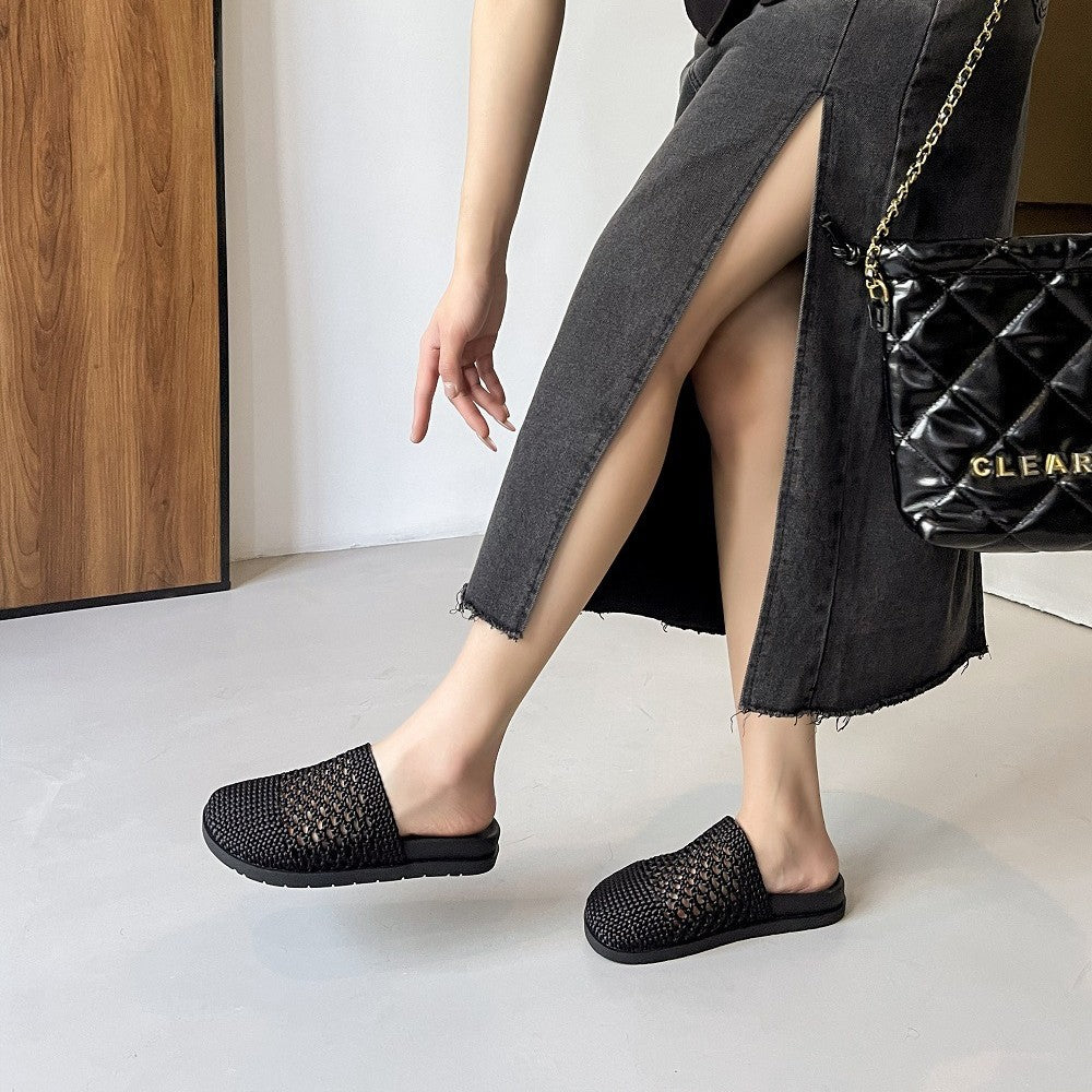 Bottom Hand-woven Half Miss Closed Toe Breathable Hollow Mesh Slippers