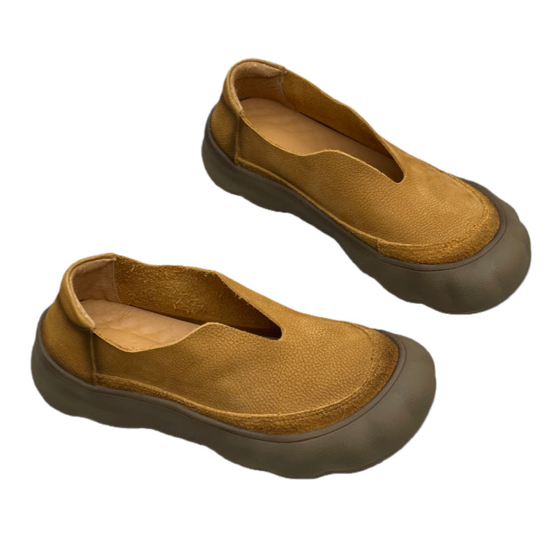 Women's Retro Handmade Genuine Pumps Big Head Thick Bottom Leather Shoes