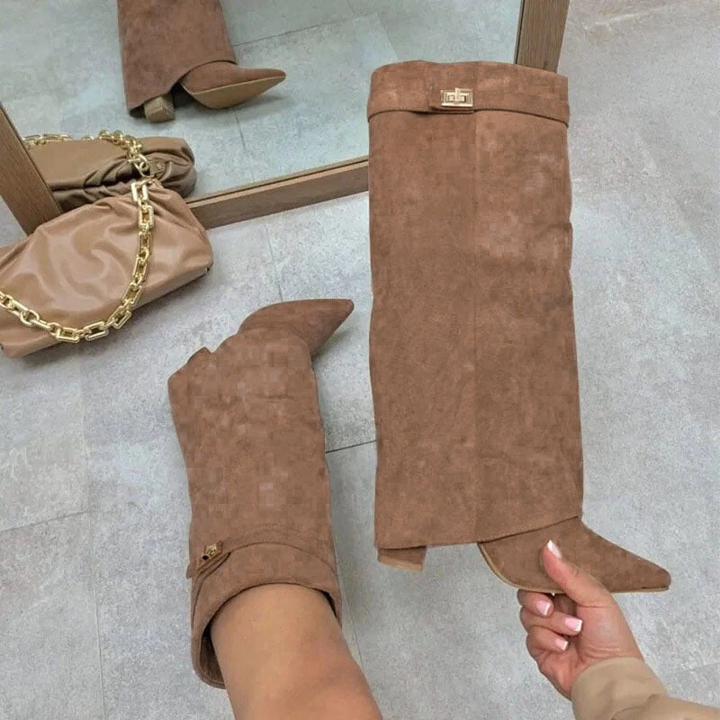 Women's Pointed Toe Large Tube Circumference Straight Metal Buckle Long Size Boots