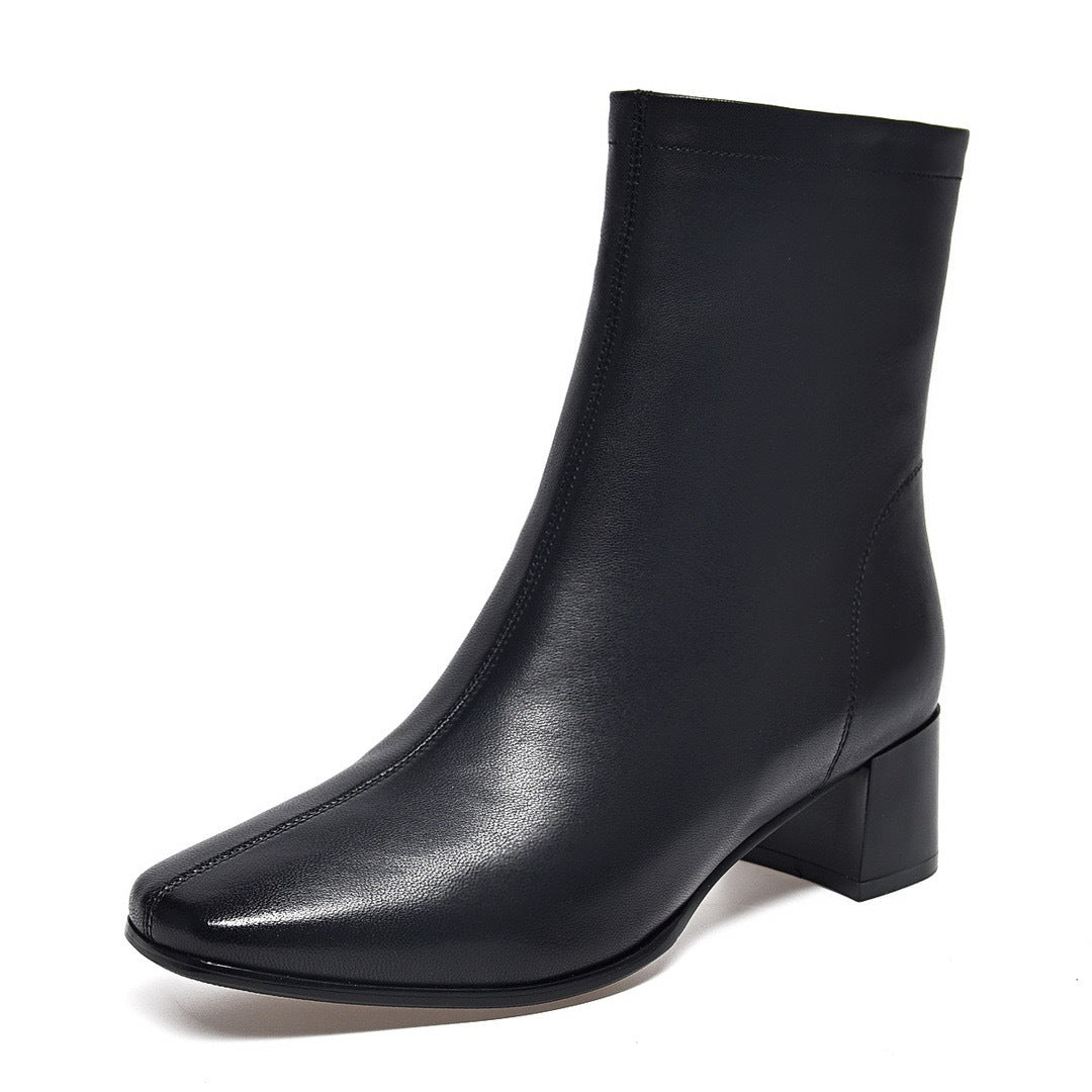 Women's Sheepskin Buskin Square Toe Genuine Soft Mid Chunky Back Zipper Heels