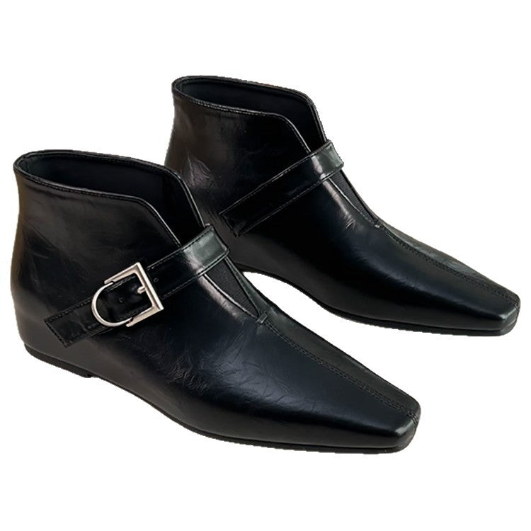 Inner Height Increasing Female Square Toe Small Versatile Slimming British Women's Leather Boots