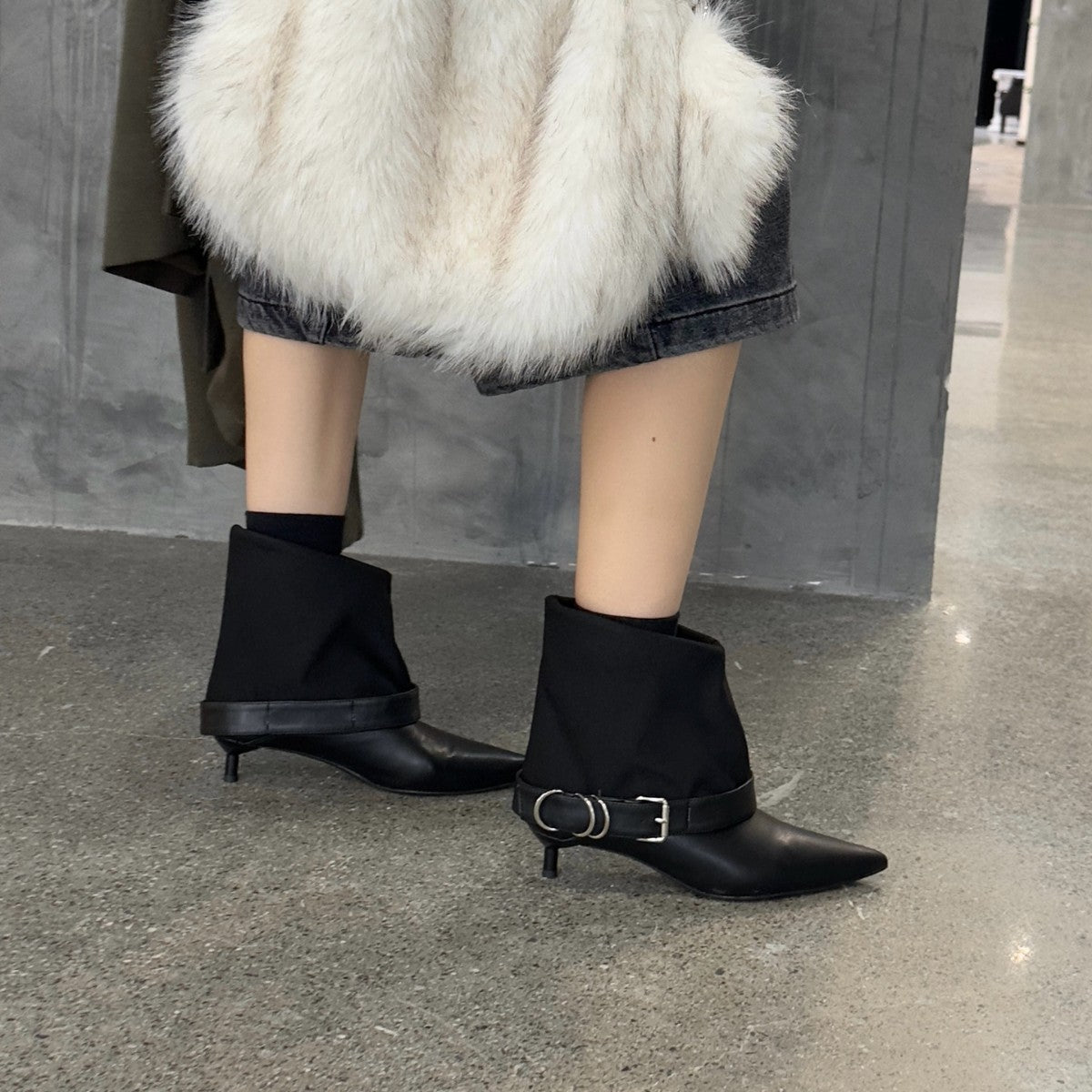 Women's Pointed Toe Belt Buckle Booties Black Thin Martin Heels
