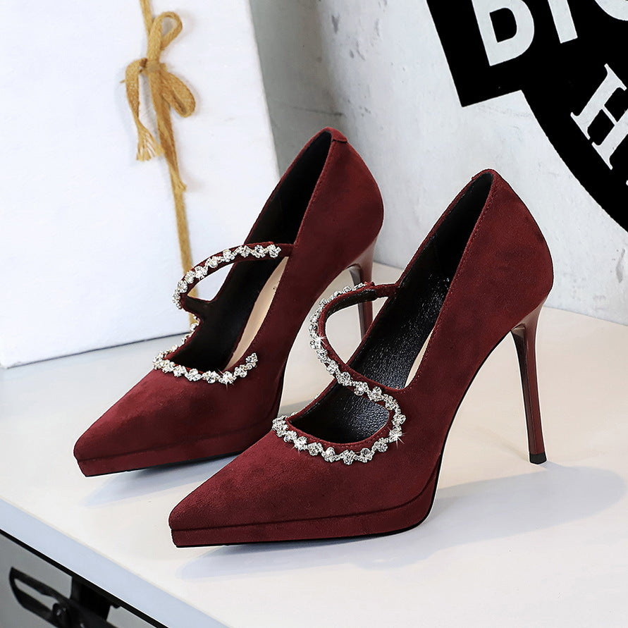 Stiletto Low-cut Suede Waterproof Platform Rhinestone Heels