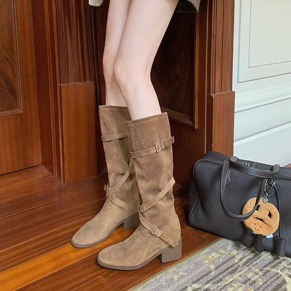 Women's Mom High Pile Style Cross Buckle Strap Tube Knee-high Knight Boots