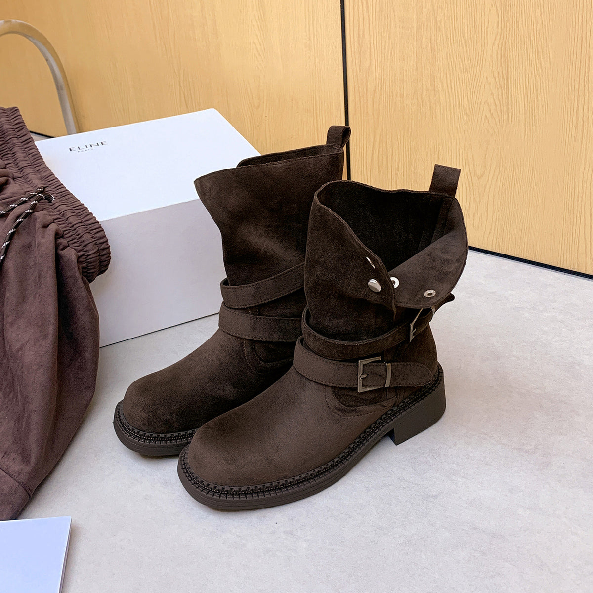 Chunky Platform Buckle Cow Suede High-heeled With Short Tube Female Women's Leather Boots