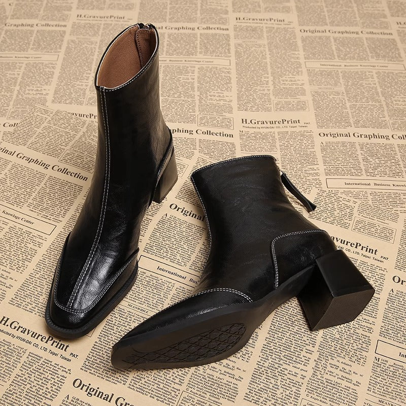Women's Design Sense Square Toe Chunky Short British Style Fried Street Women's Leather Boots