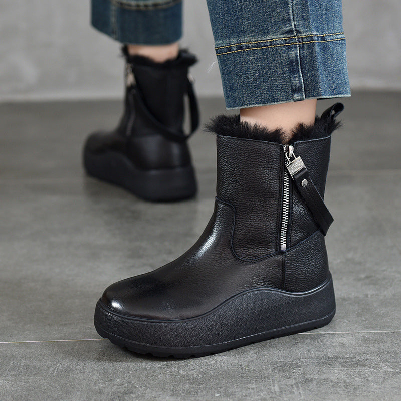 Women's Zipper Top Layer Cowhide Platform Ankle Plus Snow Boots