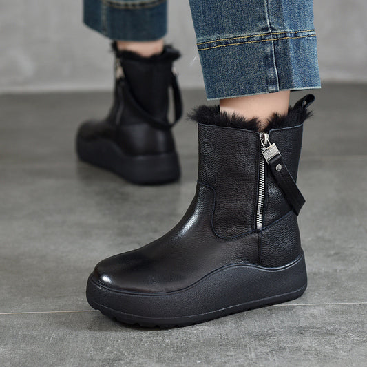 Women's Zipper Top Layer Cowhide Platform Ankle Plus Snow Boots