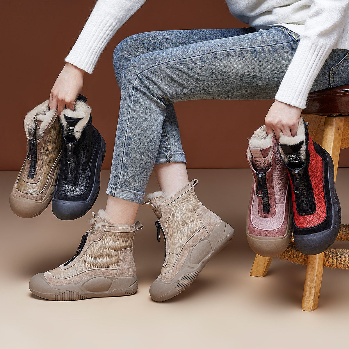 Women's Layer Cowhide Platform Winter Flat Genuine Snow Boots