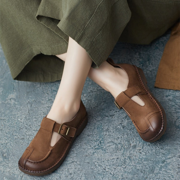 Cowhide British Style Handmade Round Head Buckle Women's Casual Shoes