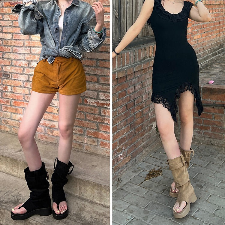 Women's Fashion Thick Bottom Increased Western Denim Pile Style Flip-flops Ankle Sandals