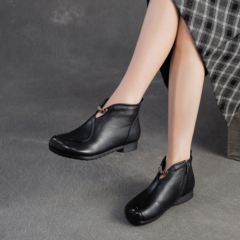 Women's Winter First Layer Cowhide Retro Style Flat Women's Leather Boots