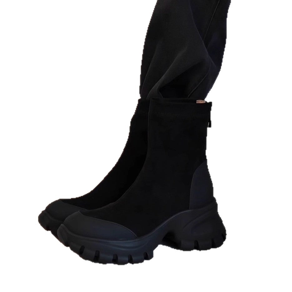 Women's Vintage Suede Side Zipper Stretch Thin Thick-soled Patchwork Easy Women's Leather Boots