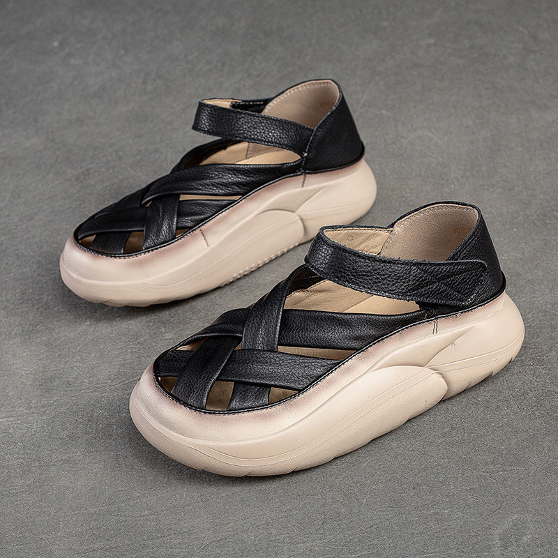 Women's Hollow Velcro Retro Style Polished Top Layer Sandals