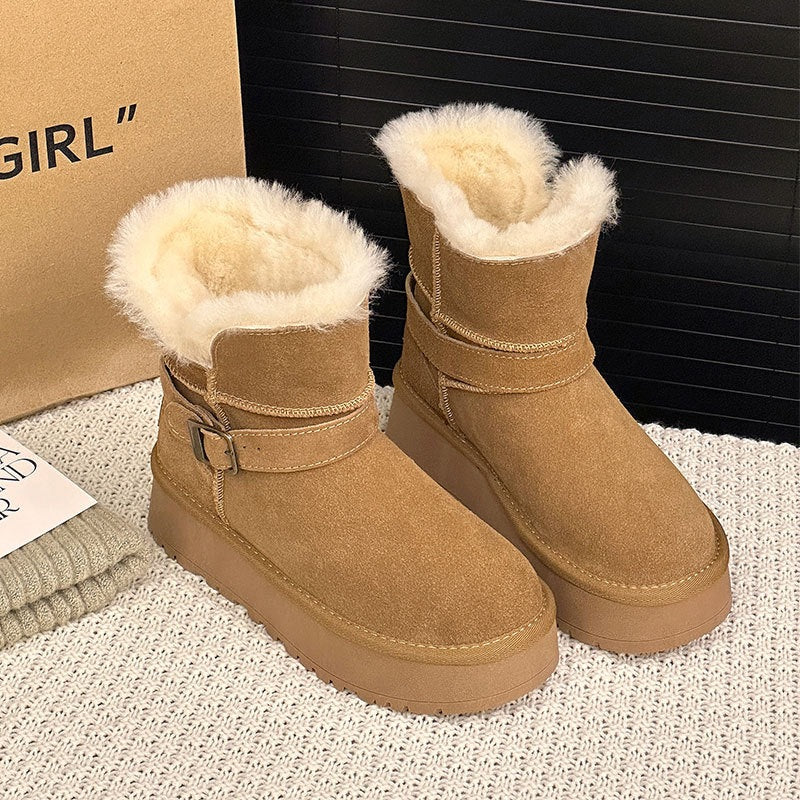 Women's Fabric Cow Suede Mouth Real Wool In Insole Containing Women's Snow Boots