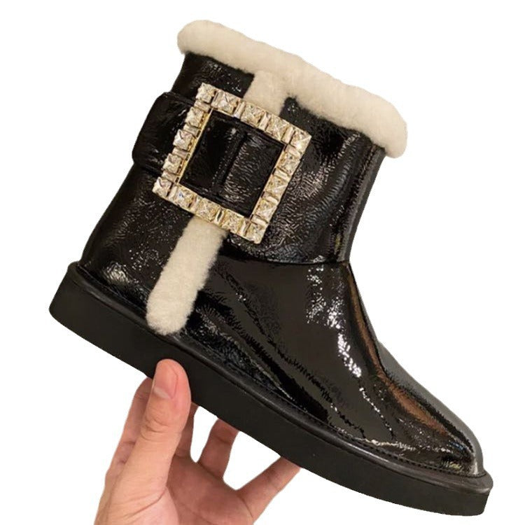 Women's Buckle Winter Flat Bottom Fleece-lined Short Women's Shoes