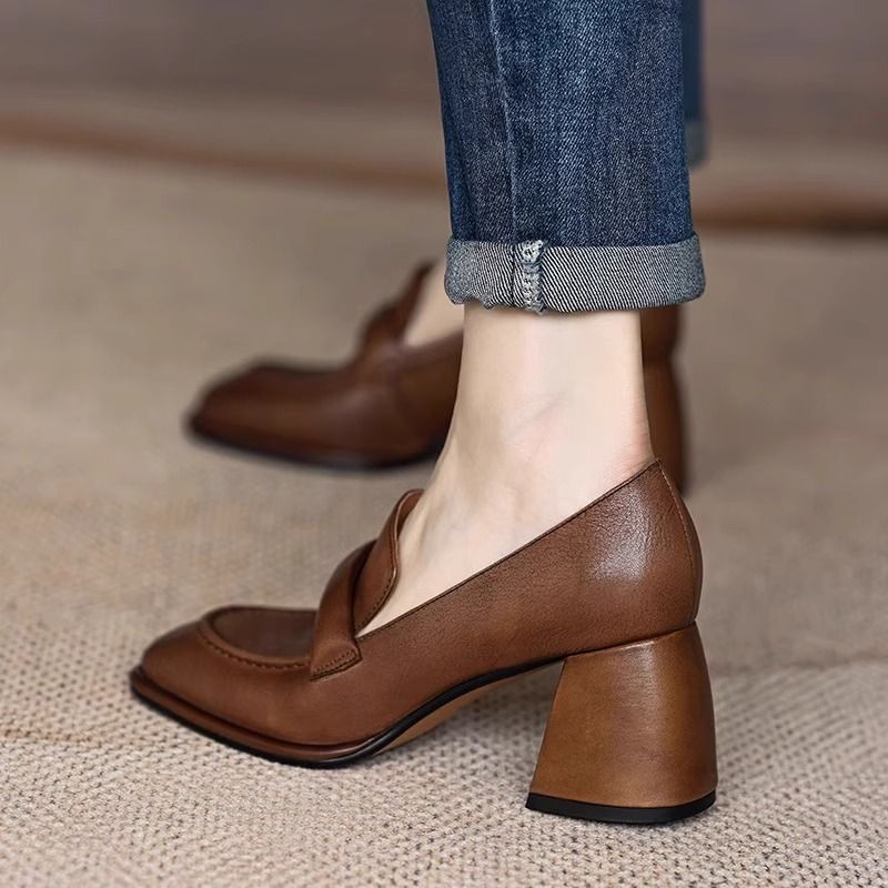 Women's Brown High Genuine Soft Chunky Pumps Heels