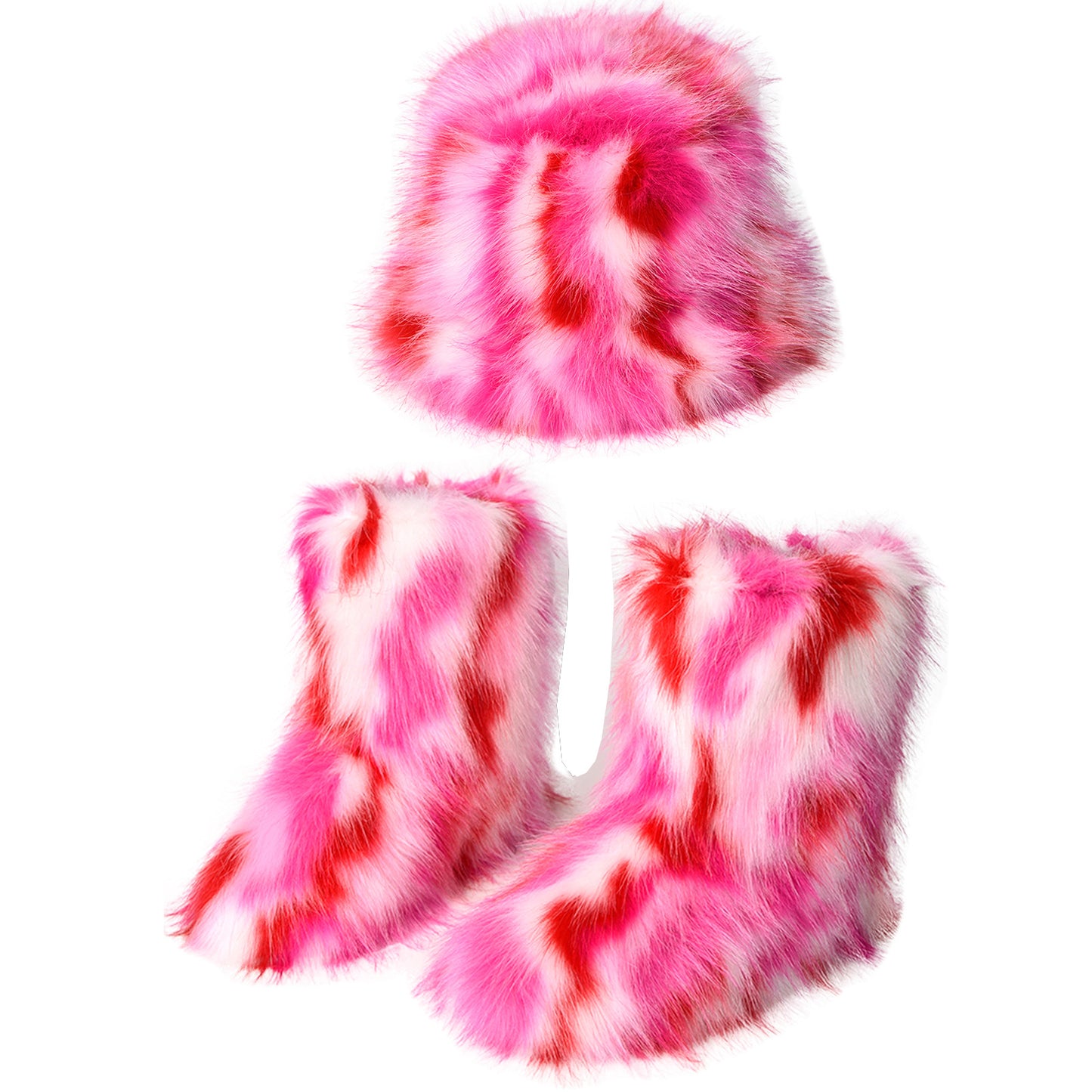 Women's Plush Suit Colorful Fur Bucket Hat Warm Snow Boots
