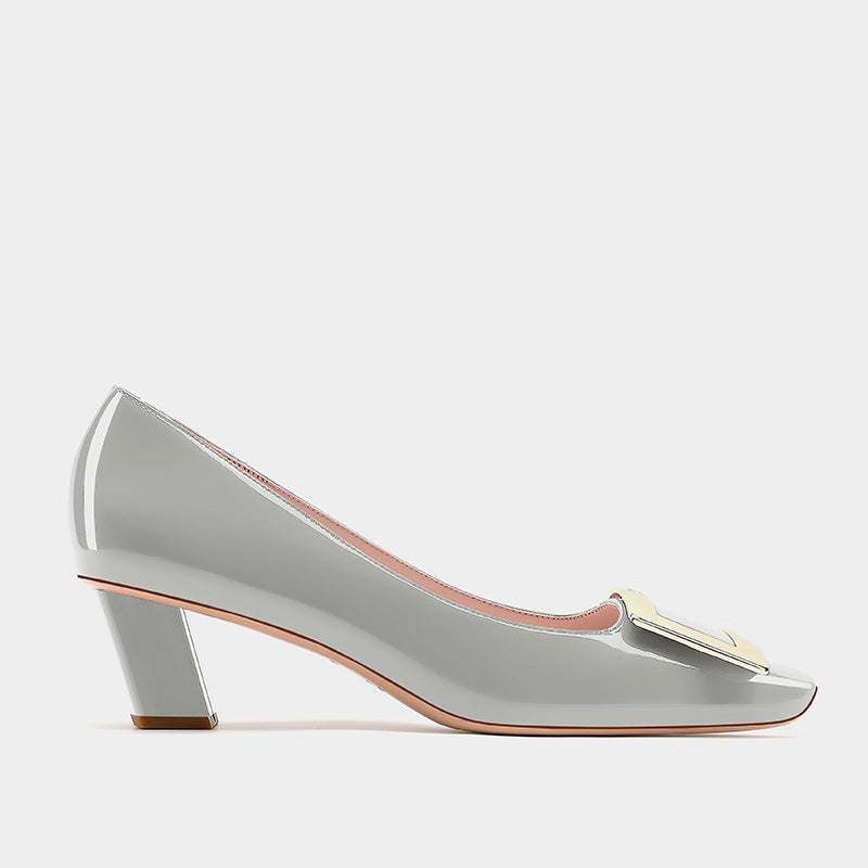 Women's Patent Square Buckle Chunky Mid Toe Low-cut Women's Fashion Shoes