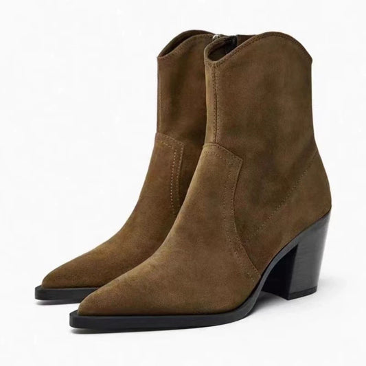 Women's Spanish Ankle Slim Fashion Brown Chunky Side Zip Retro Style Boots