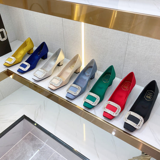 Women's Chunky Square Toe Rhinestone Versatile Single-layer Low-cut Women's Fashion Shoes