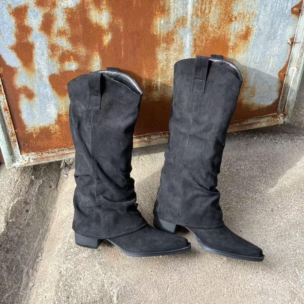 Women's High Pointed Toe Long Suede Pantyhose Pile Style Thick Women's Leather Boots