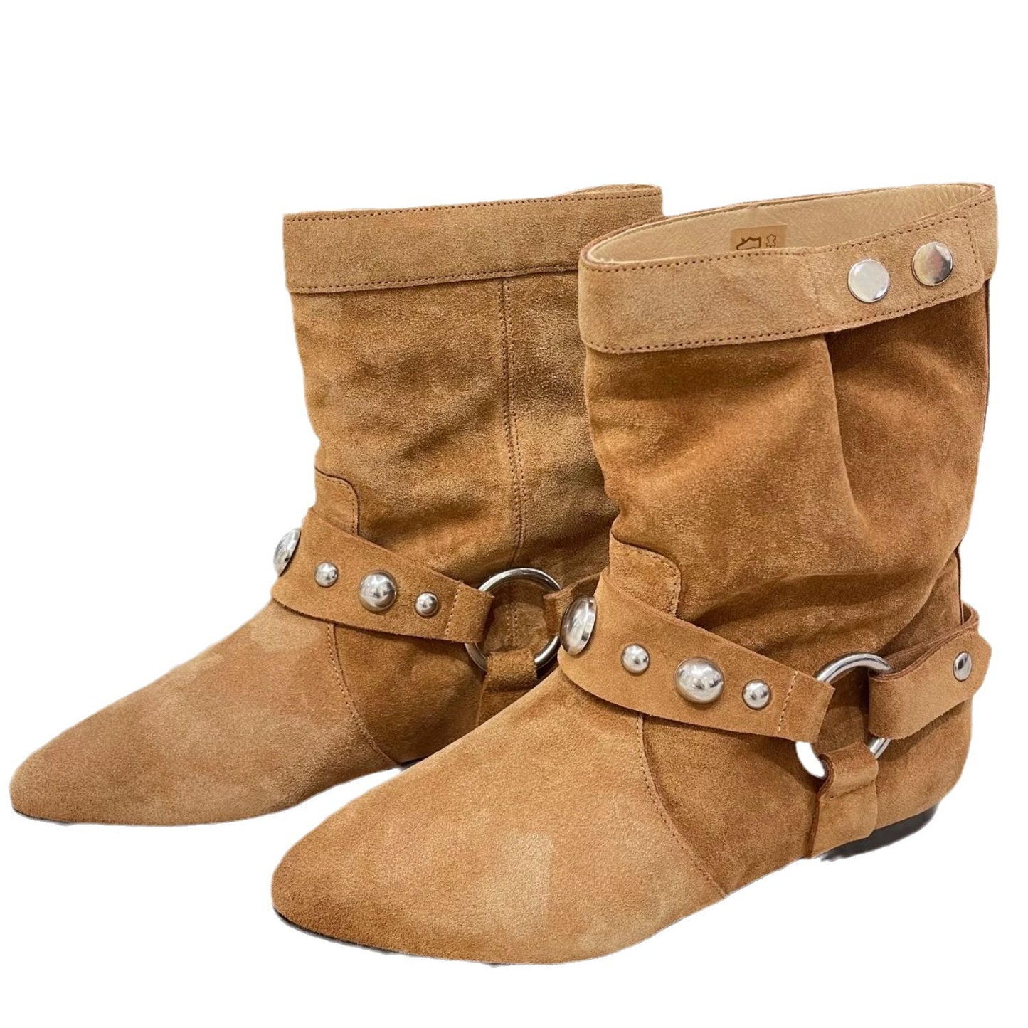 Women's Retro Minority Suede Metal Ring Pointed Western Cowboy Flat Skinny Heels