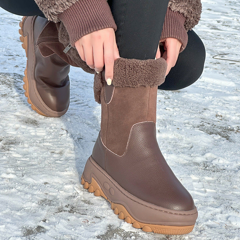 Women's First Layer Cowhide Winter Platform Plus Women's Snow Boots