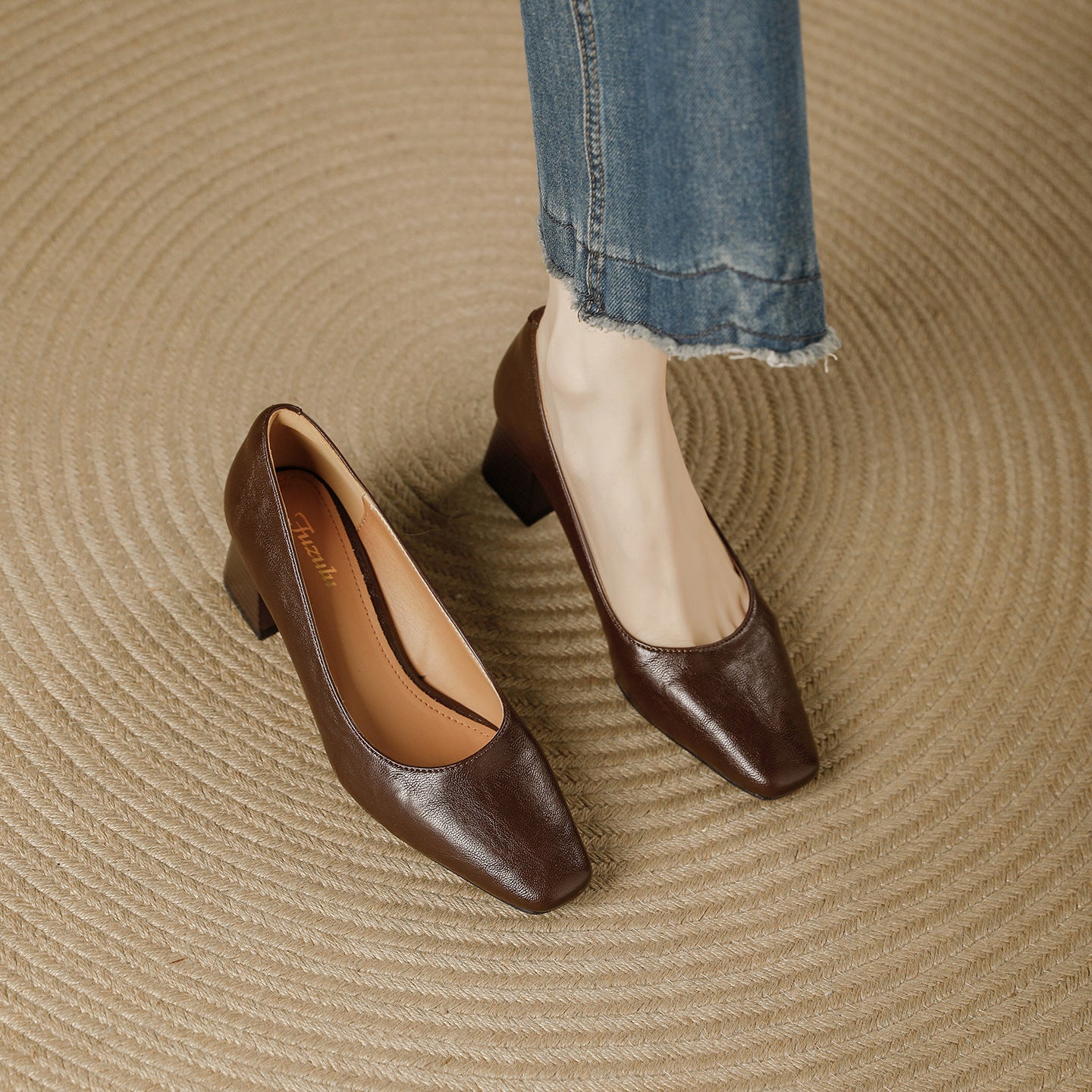 Women's Toe Chunky Pumps Simple Comfortable Spring Temperament Low-cut Vintage Commuter Heels