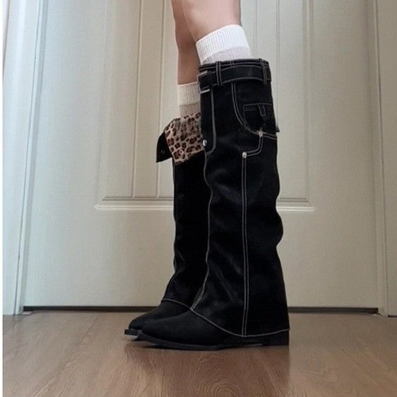 Women's Height Increasing Pointed Pants Riding Fleece-lined Women's Leather Boots