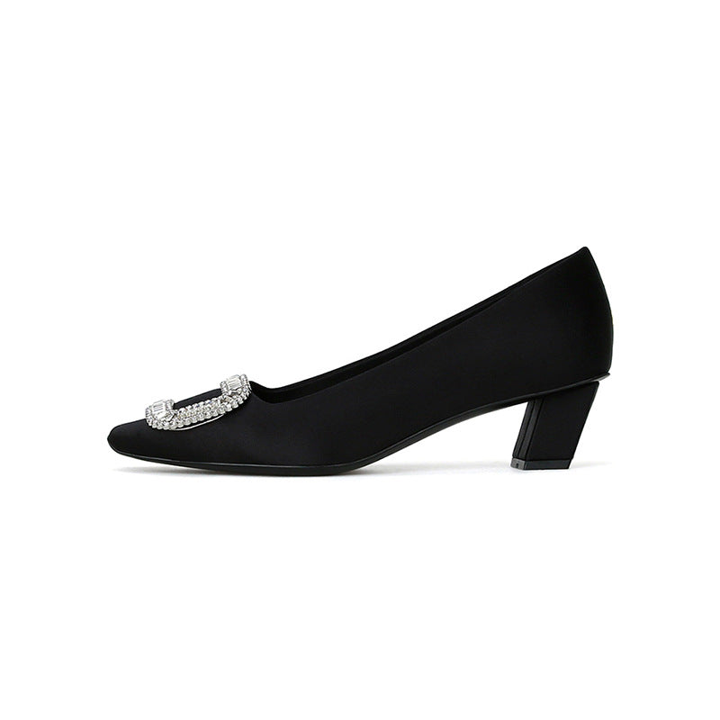 Women's High Black Satin Square Toe Chunky Rhinestone Women's Fashion Shoes