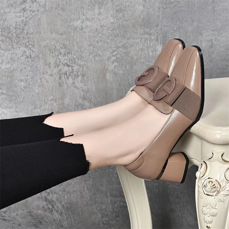 Women's Bottom Pumps Female Mid Chunky British Style Square Leather Shoes