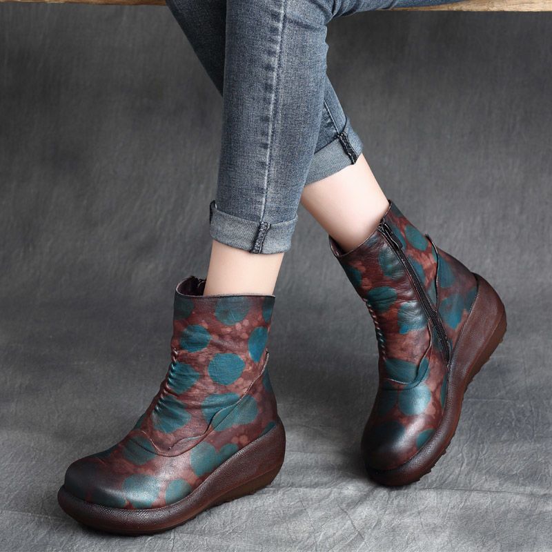 Thick Bottom Wedge Color Matching Side Zipper Women's Leather Boots