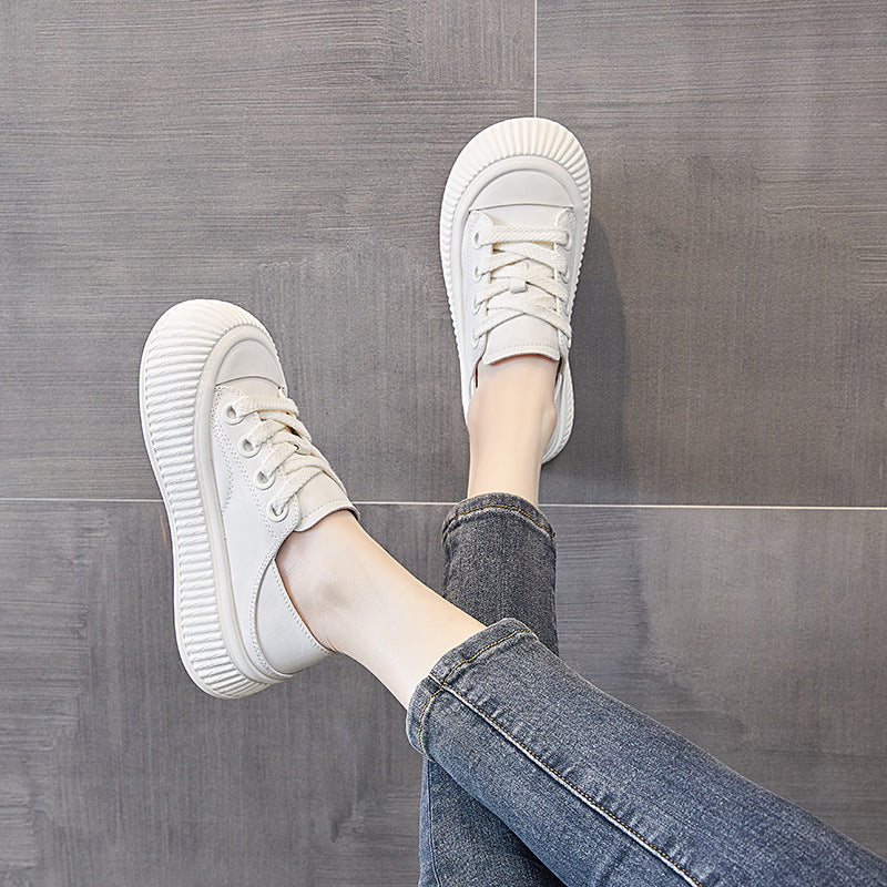Women's White Trendy Lace Up Cowhide Platform Sneakers