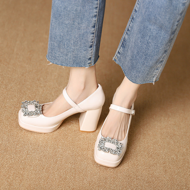 Women's Square Toe High Summer Buckle Rhinestone Chunky Women's Fashion Shoes