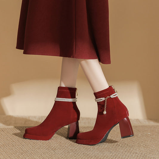 Women's Pearl Suede Burgundy Square Toe Skinny Wedding French Boots