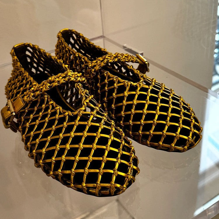 Women's Niche Handmade Woven Hollowed Breathable Strap Genuine Mary Jane Pumps Women's Fashion Shoes