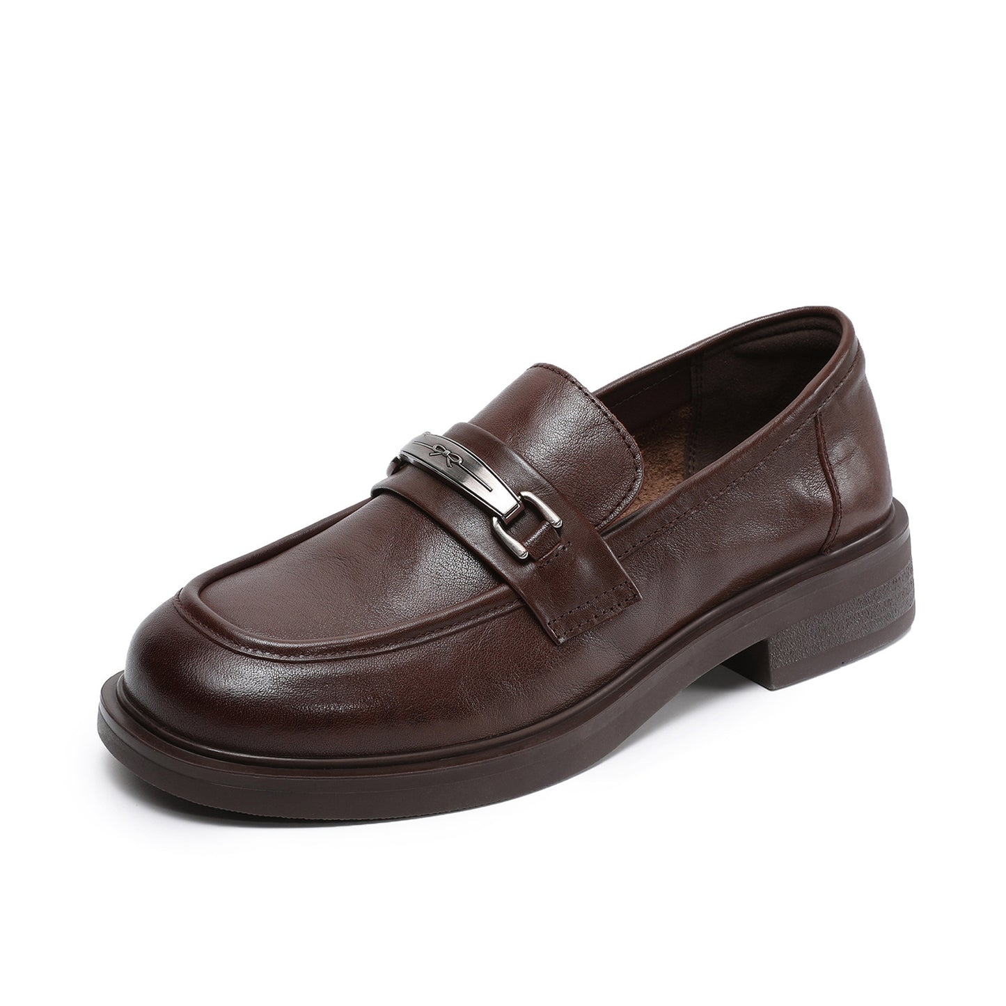 Women's Affordable Luxury Metal Buckle Slip-on Brown Thin Leather Shoes