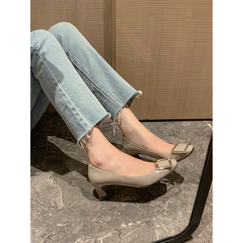 Women's Buckle Chunky Elegant Head Elephant Gray High-grade Patent High Professional Women's Fashion Shoes