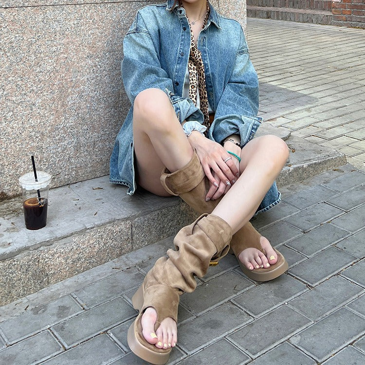 Women's Fashion Thick Bottom Increased Western Denim Pile Style Flip-flops Ankle Sandals