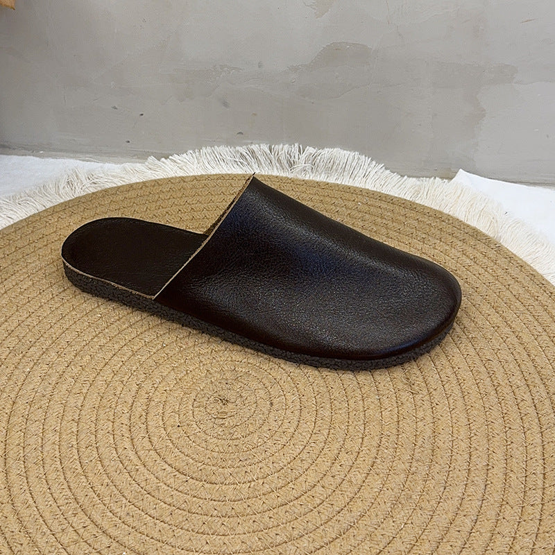 Women's Summer Fashion Round Toe Bottom Top Layer Cowhide Retro Closed Flat Slippers