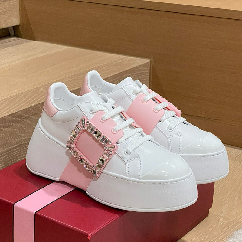 Women's Thick-soled High-rise Square Buckle Diamond White Genuine Platform Women's Casual Shoes