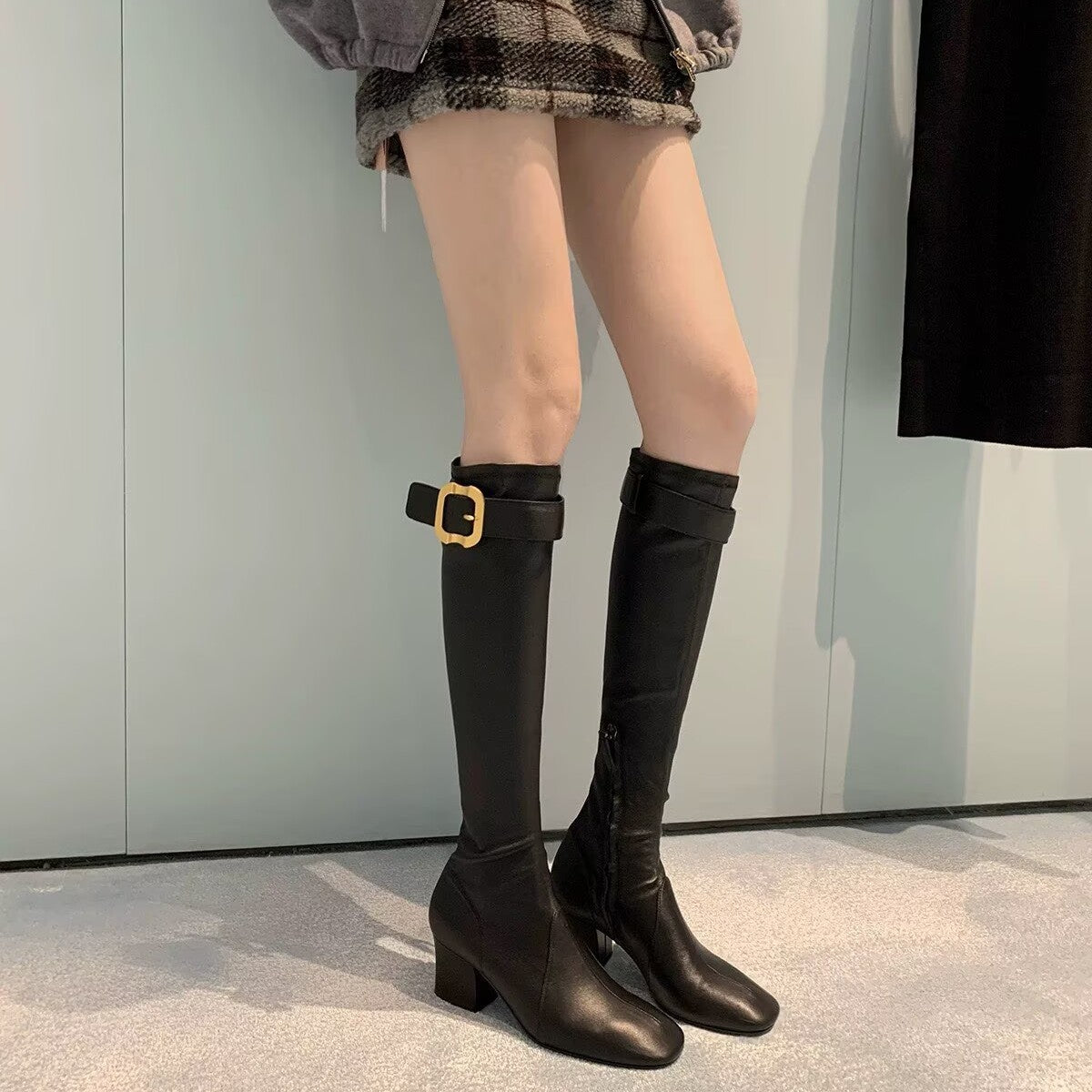 Mom Chunky Zhang Gold Buckle Half Zipper Women's Leather Boots